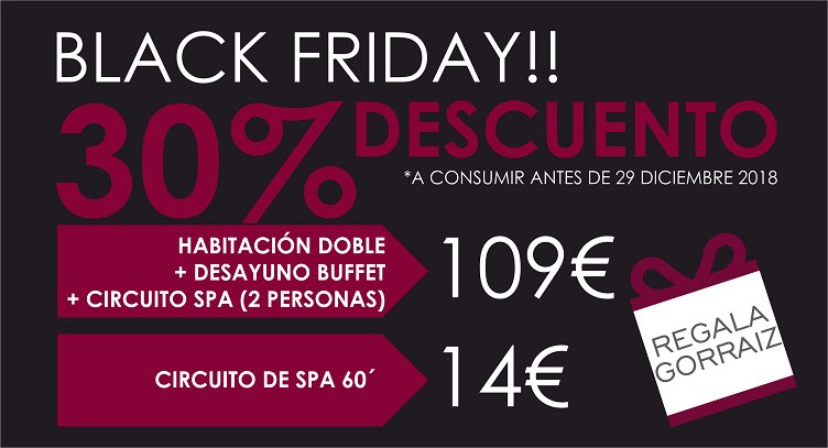 CastilloGorraiz's tweet photo. OFERTA ESPECIAL BLACK FRIDAY!! 
-PACK HABITACIÓN DOBLE + DESAYUNO BUFFET + 2 CIRCUITOS SPA de 60´para 2 PERSONAS: 109€
-CIRCUITO SPA DE 60’: 14€ 
Cómpralo ahora y DISFRÚTALO ANTES DEL 29 DE DICIEMBRE de 2018!!  Ya a la venta en el 948 33 77 22 o en https://t.co/az6X2yXx4c https://t.co/u4W2985baA