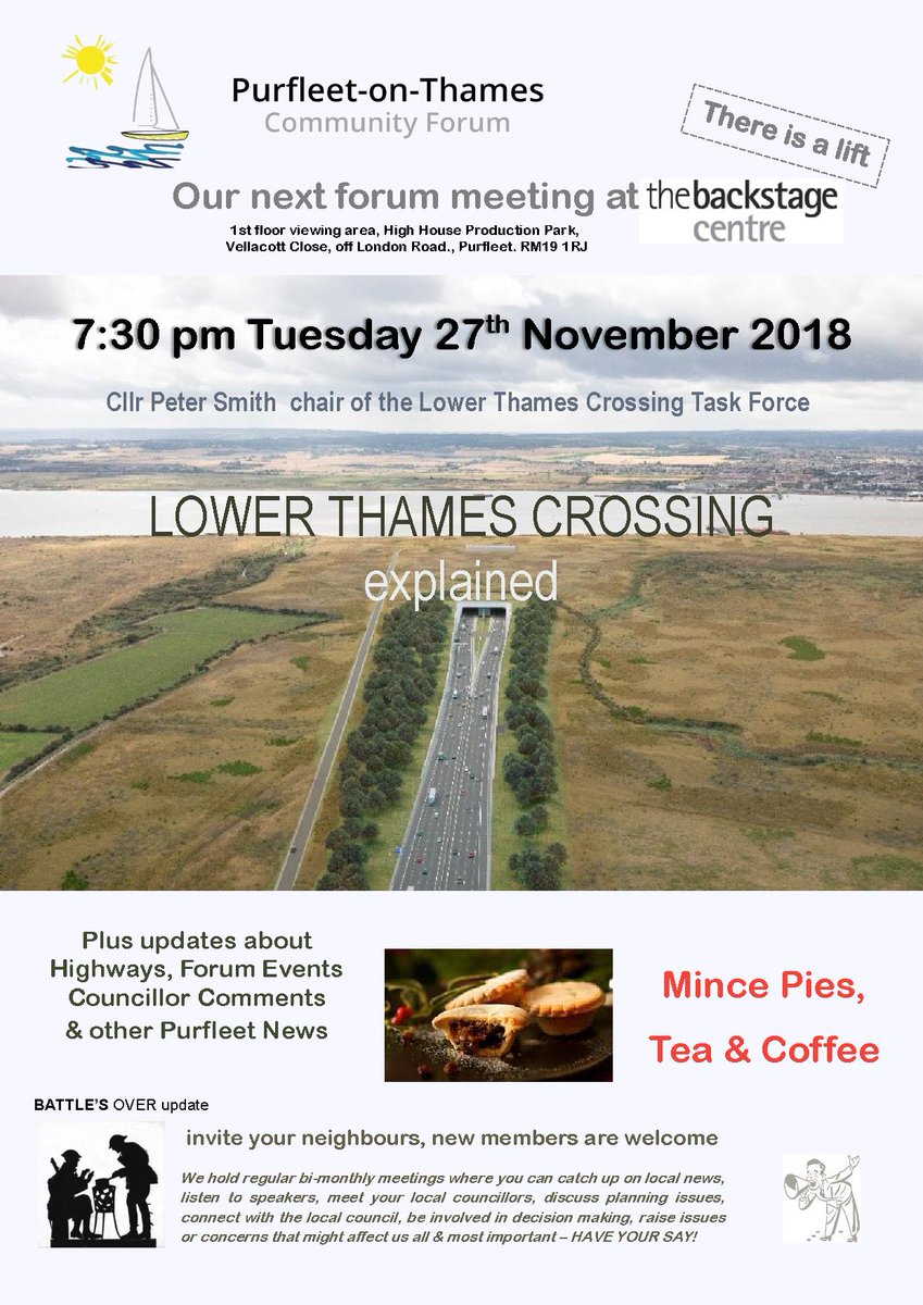 Next Forum meeting on 1st floor of Backstage Centre. 27th Nov. 7:30pm
Speaker Cllr.Peter Smith chair Lower Thames Crossing Group
Tea, Coffee, Mince Pies, Latest Purfleet News! <a href="/purfleetcf/">Purfleet-on-Thames Community Forum</a>