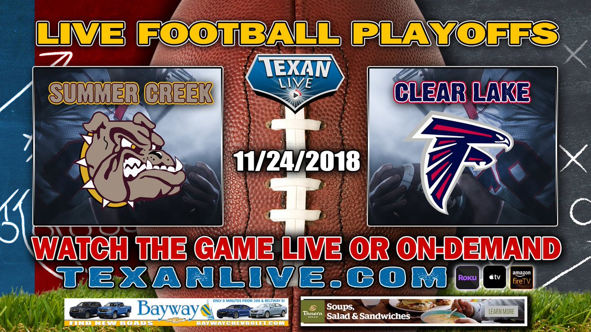 DCTXStreaming's tweet photo. 2018 Area Round Football Playoffs 
📺LIVE VIDEO BROADCAST 📺 
Summer Creek (8-3) vs Clear Lake (6-5)
Saturday, - 11/24/2018
Coverage begins @ 12:00PM
For the LIVE link click here: https://t.co/ILnCZqz3ve
@HoustonChronHS #txhsfb @HumbleISD_SCHS @SC_BulldogFB  @CLHSFalcons https://t.co/Q4DaYq1wZF