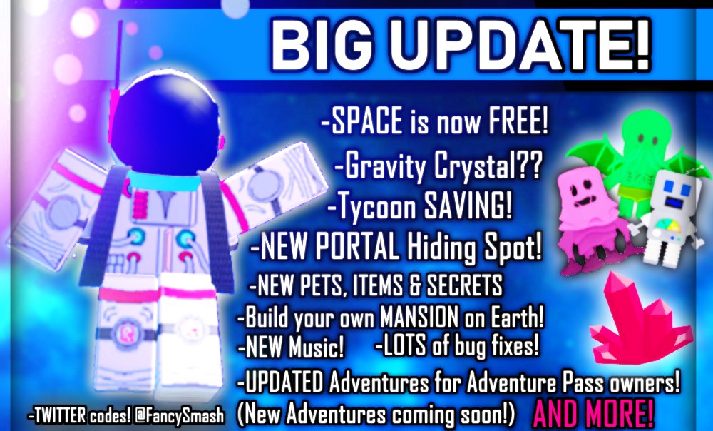 Fancysmash On Twitter The Big Update For Alien Facility Tycoon Is Here Space Is Now Free Tycoon Saving Build Your Own Mansion On Earth New Items Hiding Spots - roblox codes music 2018