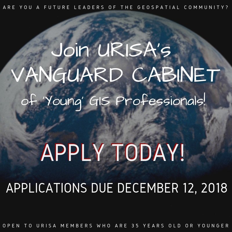 Are you a future leader in the Geospatial community? 
Are you younger than 35 y/o? 
JOIN @URISA 's Vanguard Cabinet! urisa.org/vanguardcabinet 
@NCSUgeospatial @UNM_GES @KSUGresearch @BrandmanU @BamaGeography @GeographyUMW @URSpatial @GeospatialUCD @TAMUGeosciences @girlscanmap