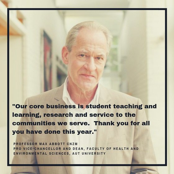AUTSoCS's tweet photo. "Our core business is student teaching and learning, research and service to the communities we serve. Thank you for all you have done this year."
Professor #MaxAbbott
#ProVC #facultyofhealthandenvironmentalsciences @AUTSoCS @AUTsportandrec @AUTuni @AUTPHPS #staffthankyou ππ https://t.co/oWcFGvpGQ7