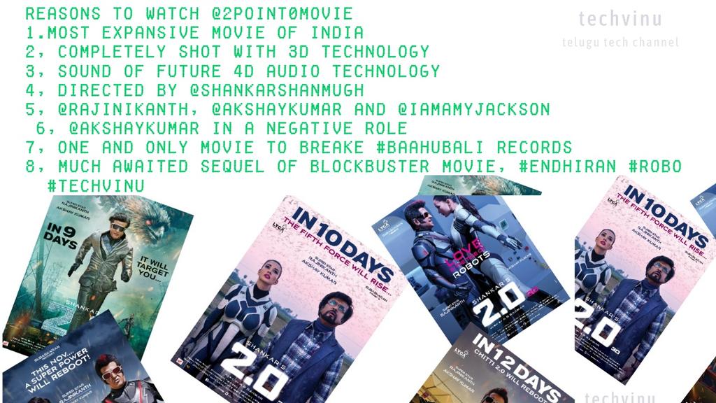 TechVinu's tweet photo. Reasons to watch @2Point0movie
1, massive movie of india
2, completely shot with 3D technology
3, sound of future 4D audio
4, directed by @shankarshanmugh
5, @Rajinikanth, @AkshayKumar and @iamAmyJackson
6, @AkshayKumar in a negative role
#2Point0
@LycaProductions
#techvinu https://t.co/6dZCMoYYhu