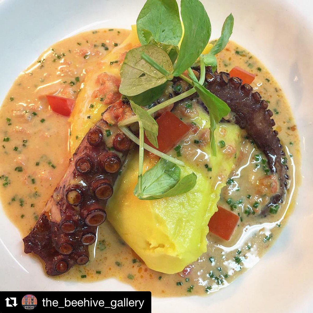 A delicious grilled octopus with a saffron mash from @the_beehive_gallery The ways the red of the octopus pair with the yellow saffron makes this dish appealing to the eyes and stomach
.
.
#happychef #octopus #delicious #yum #grilled