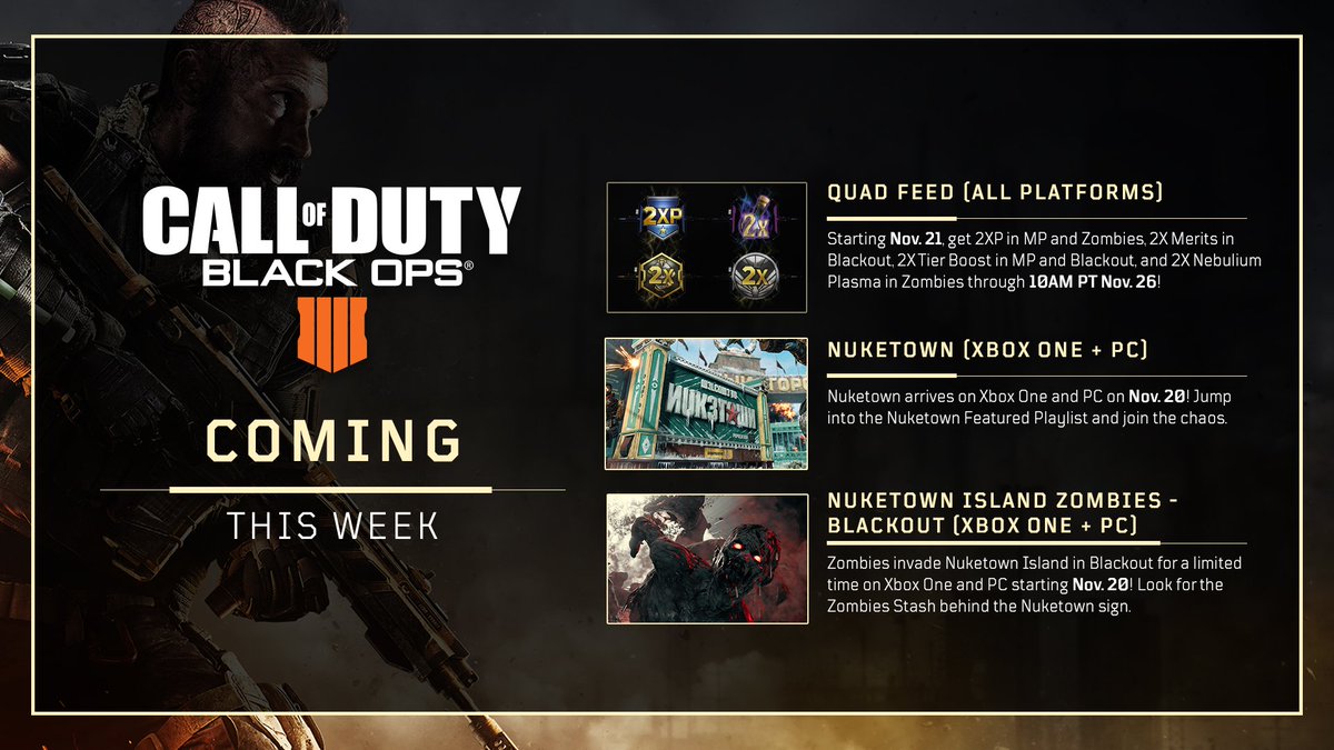 charlieINTEL's tweet photo. Breaking: Quad Feed is coming to Black Ops 4 — live Nov. 21 through Nov. 26. Thats 2XP in MP/Zombies, 2X Merits in Blackout, 2X Tier Boost in MP/Blackout, + 2X Nebulium Plasma in Zombies. 

https://t.co/aTdS1QatkY https://t.co/vrbWUjz2Z4