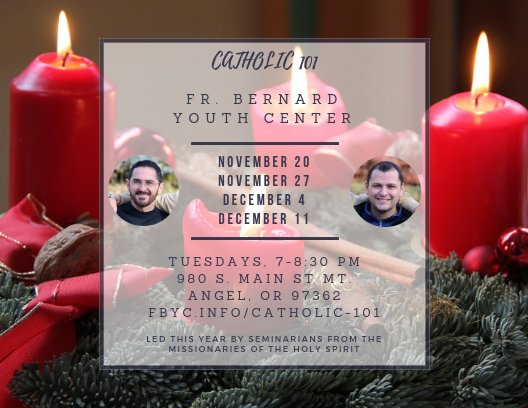 frbernardyouth's tweet photo. Join us tomorrow 7-8:30 PM at the Fr. Bernard Youth Center in Mt. Angel, for our 1st week of Catholic 101. This week, the topic is how our baptism allows us to participate in the priesthood of Christ, followed by a Q&A session. Go to https://t.co/PwYZ2UCtaT for more info!
#fbyc https://t.co/CST3Lu9iOB