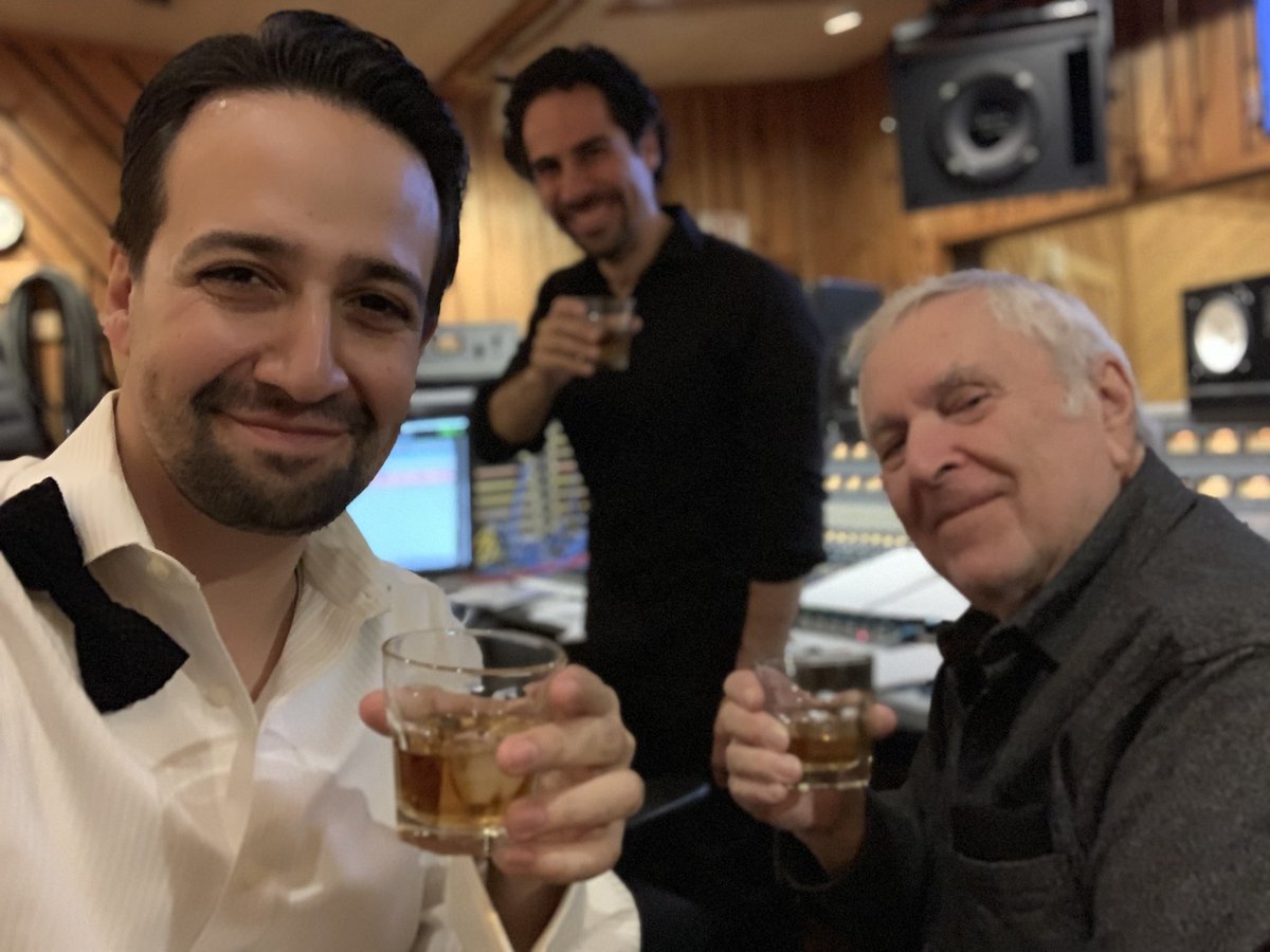 Lin_Manuel's tweet photo. Another midnight gone so here is Kander &amp; @LacketyLac &amp; me with some whiskey after the recording session.
Can’t wait for you to hear the Lacamorchestrations. 
#Hamildrop #KanderMiranda https://t.co/Hef07mEyjH