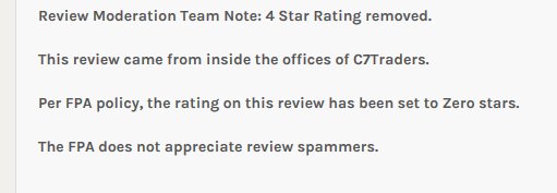 SpivCapital's tweet photo. 4/4  They have been caught writing their own reviews on FPA. Somehting that happens there all the time, but C7 was stupid enough to write their review from the same IP address as the one they were replying with... https://t.co/t5DVxmrmpR