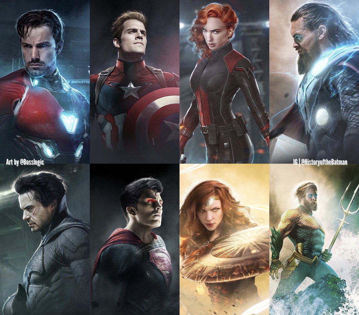 How amazing are these #ElseBothWorlds portraits of the #DCEU and #MCU heroes by the one and only <a href="/Bosslogic/">BossLogic</a>? 😍🙌🏽🎬

#IronMan #CaptainAmerica #BlackWidow #Thor #Batman #Superman #WonderWoman #Aquaman #Bosslogic