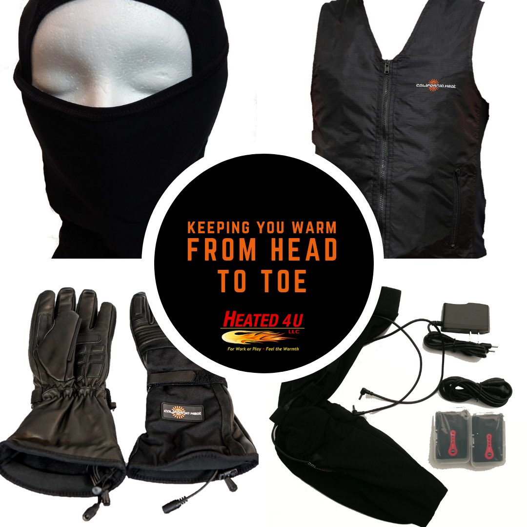 Motorcycle and battery powered heated clothing will keep you warm from head to toe for every outdoor activity! #FeelTheWarmth #ForWorkOrPlay #balaclava #7Vvest #heatedvest #12Vgloves #heatedgloves #7Vsockliners #heatedsocks #motorcycleriding #outdoors #hunting #fishing #skiing