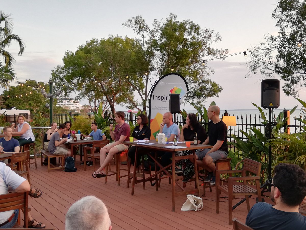 inspiringNT's tweet photo. Literally as the sun was setting... our wonderful panel of experts discussing "It's not just about rocket science." Advancing our Territory into space #ScienceAtSunset #InspiringAustralia https://t.co/7f9ZC2oOK5