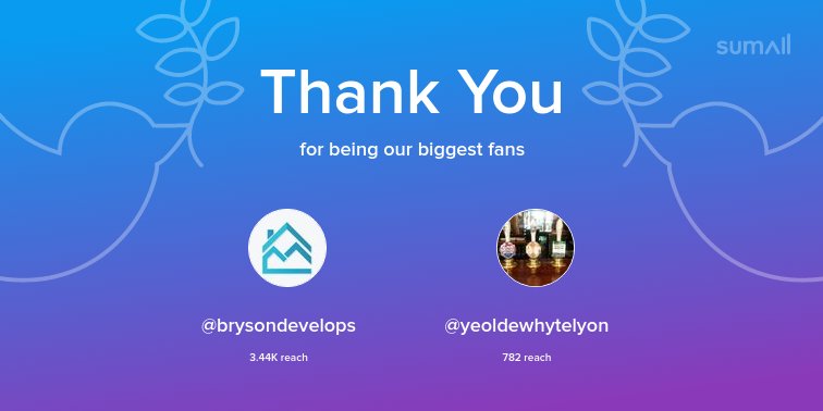 Our biggest fans this week: <a href="/brysondevelops/">Bryson Developments</a>, <a href="/yeoldewhytelyon/">Ye Olde Whyte Lyon</a>. Thank you! via sumall.com/thankyou?utm_s…