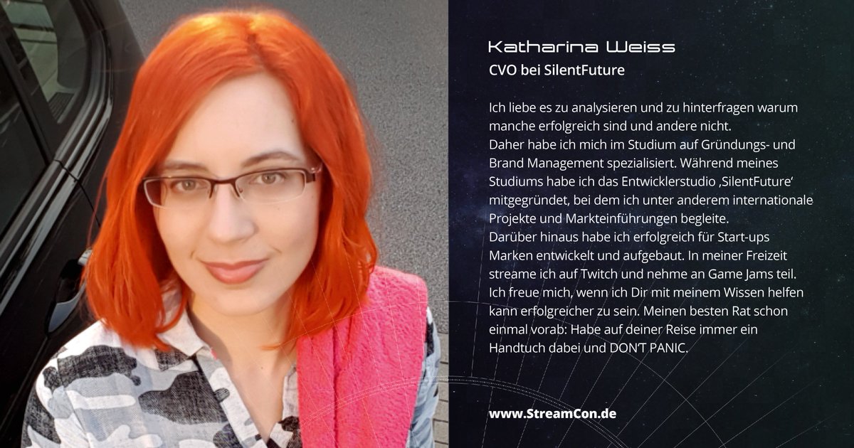 Stream_Con's tweet image. Wie wird aus einem Kanal eine Marke? Diese Frage beantwortet euch Katharina Weiss. Die CVO von @silentfuture_de wird auf der #StreamCon einen Vortrag zum Thema: "Channel Branding: Erfolgreich mit Strategie" halten. Nur noch zwei Tage bis zur #StreamCon 2018!👨‍🚀🚀 Seid dabei!