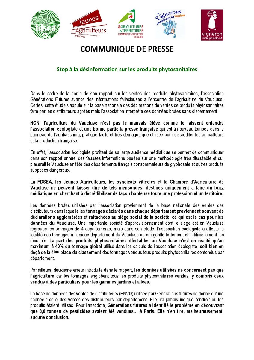 Communiqué de presse suite au rapport <a href="/genefutures/">Générations Futures</a>.
<a href="/fdsea84/">FDSEA de Vaucluse</a> <a href="/PSAYSSET/">Pierre SAYSSET</a> <a href="/JAVaucluse/">JA Vaucluse</a> #
