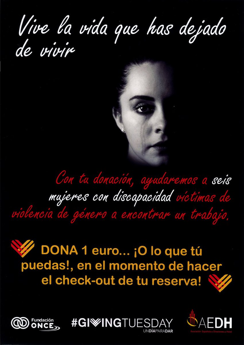 Comunidad_AEDH's tweet photo. Hoy con tu solidaridad, intentaremos ayudar a seis mujeres discapacitadas, víctimas de violencia de género, a encontrar trabajo.... con la @Fundacion_ONCE, nuestros asociados colaboradores... y todos vosotros. ¡¡Muchas gracias!! #GivingTuesday https://t.co/5fgbmHOlqe