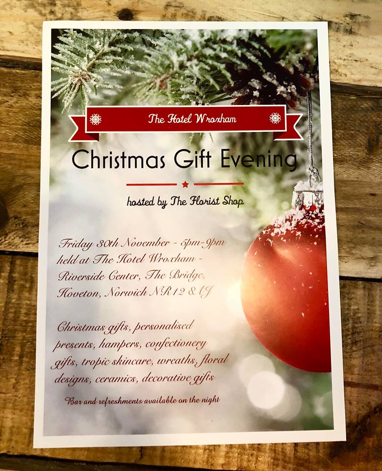 Come along to a Christmas Gift Evening at Hotel Wroxham The Bridge, NR12 8AJ, this Friday 30th November from 5pm until 9pm for an evening of festive fun! A stunning array of gift ideas, personalised presents, hampers, confectionery, beauty, wreaths, floral designs and ceramics!