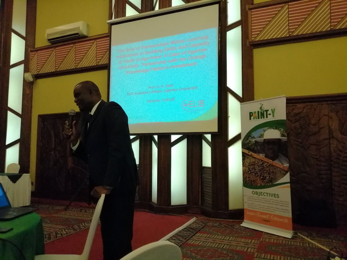 Kip_Agrisolve's tweet photo. Prof. A. K Kahi of @CoELIB_Egerton giving a lead presentation on Skills and Capacity development at PAINT-Y conference-A case of partnership between Egerton Uni and @NLinKenya @sanneinkenya @FMakken @WilsonMunene @APF_Kenya https://t.co/YrGlAYkWDg
