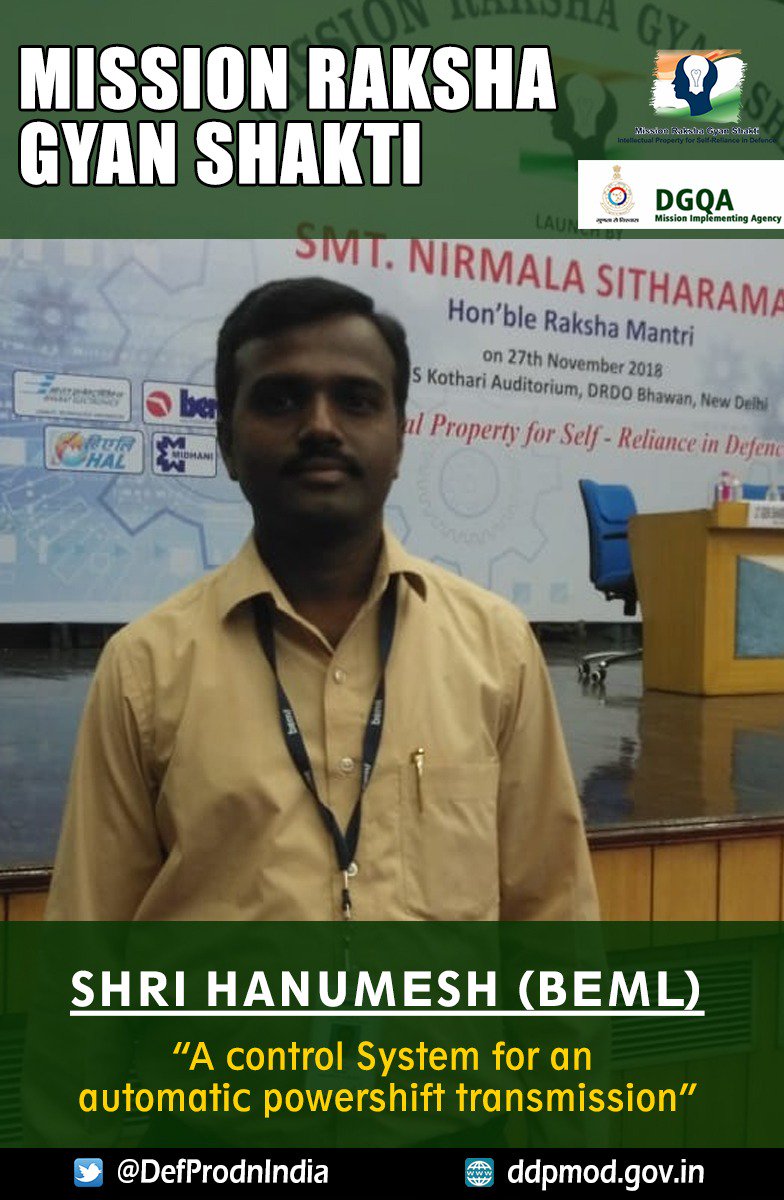 # TheIndiaEye 'RT DefProdnIndia: Shri Hanumesh of
cmdbeml will be receiving the award for his work in developing 'A control System for an automatic powershift transmission' today at the launch of #MissionRakshaGyanShakti '