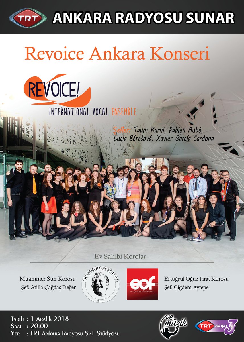 Revoice! Uluslararası Vokal Topluluğu'nun konseri var bu Cumartesi.  Ertuğrul Oğuz Fırat Korosu ve  MÜZED Muammer Sun Korosu bu konserde topluluğa eşlik edecek. 1 Aralık 2018, 20.00 - TRT Ankara Radyosu Büyük Stüdyo'dayız.  facebook.com/events/3168870…