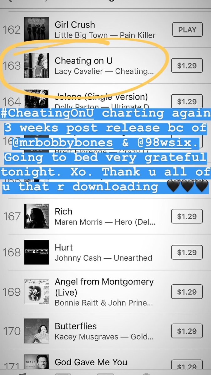 LacyCavalier's tweet photo. #CheatingOnU is charting again since it was played on @bobbybonesshow!! Going to bed very grateful tonight. Thank u all of u that r downloading 🖤🖤🖤 https://t.co/TzlzOzpD7z