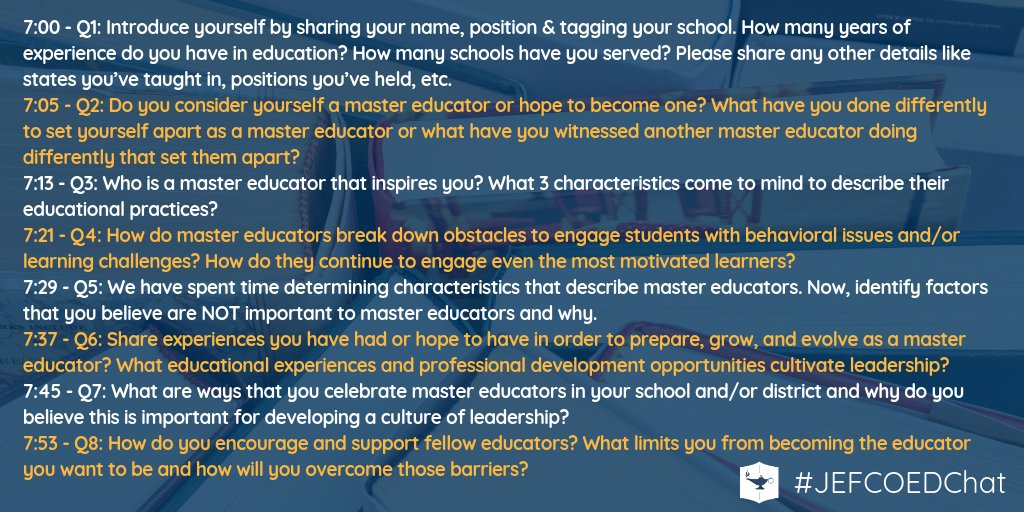 JEFCOED's tweet photo. Here are the questions for tonight’s #JEFCOEDChat as we discuss the marks of a master educator with the 2018 @JEFCOED Teachers of the Year! Please take a minute to gather your thoughts before we begin. #teacherleader https://t.co/RiEn2SNA83