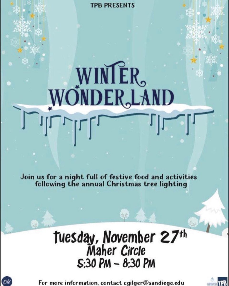 Toreros don't miss out on all the holiday fun tomorrow after the tree lighting! ALSO don't forget to follow out Instagram <a href="/usd_AS/">AssociatedStudents</a>!
