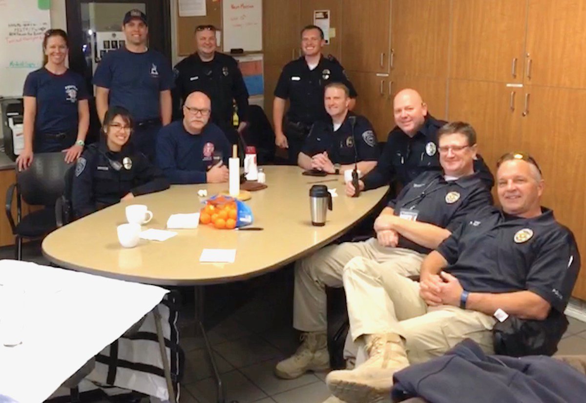 MidvaleCity's tweet photo. The @FireAuthority Midvale station firefighters hosted a "Get to know our crew" breakfast for the  @UPDSL Midvale Precinct. #ThinBlueRedLine #OrangesNotDonuts https://t.co/48EmsGKjF6
