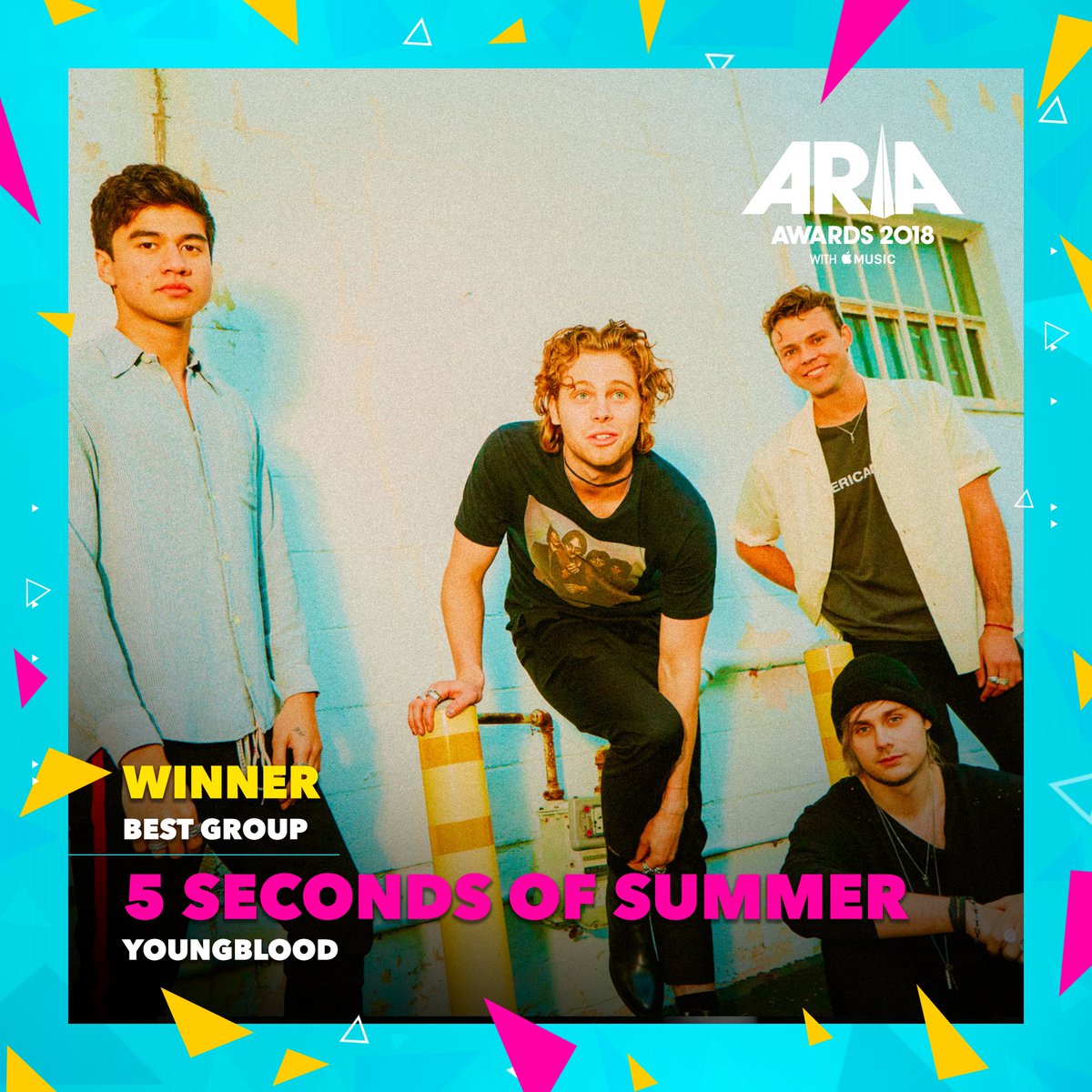 ARIA_Official's tweet photo. Congrats to @5SOS for taking out the ARIA for Best Group for Youngblood at The 2018 #ARIAs with @AppleMusic! #5sos https://t.co/wyrkU9DoCQ