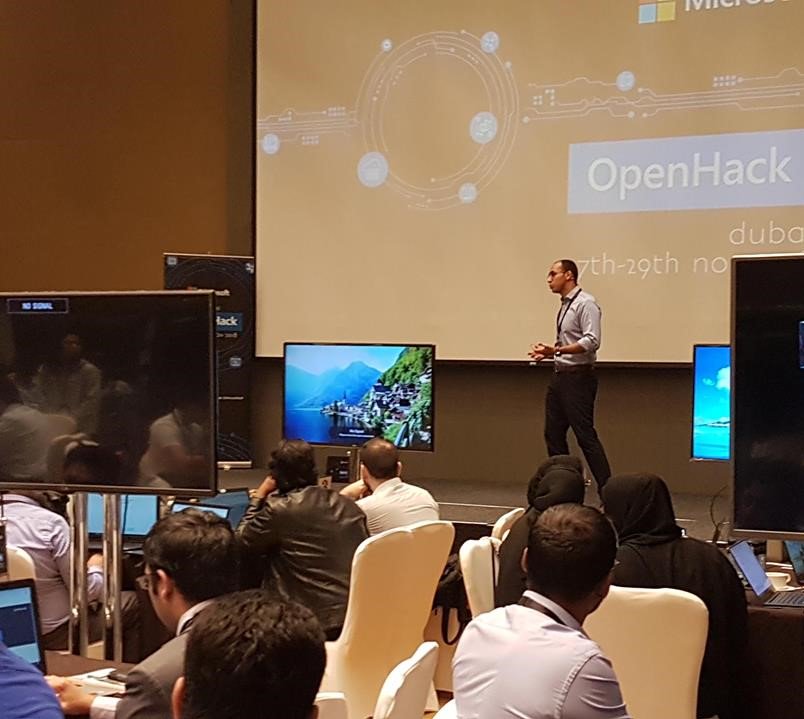 Sherif El Mahdi, Software Engineer at Microsoft welcoming developers who are participating in the first machine learning OpenHack event in the region. #OpenHack #MicrosoftAI