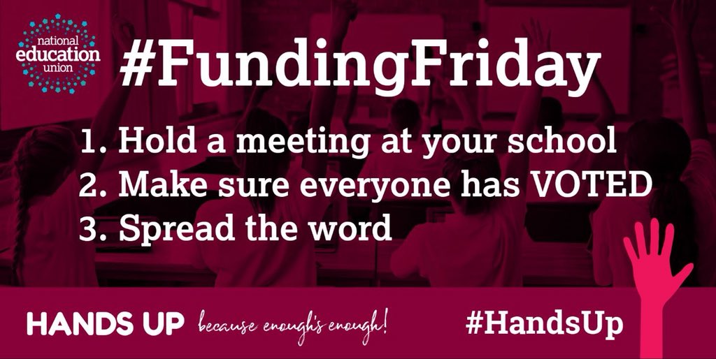 cyclingkev's tweet photo. Calling all National Education Union Reps...

Your members should get a text Friday morning which will allow them to vote in our indicative ballot.

So Friday is a very good day to call a school or college union meeting.

#FundingFriday https://t.co/cZiKOncunt