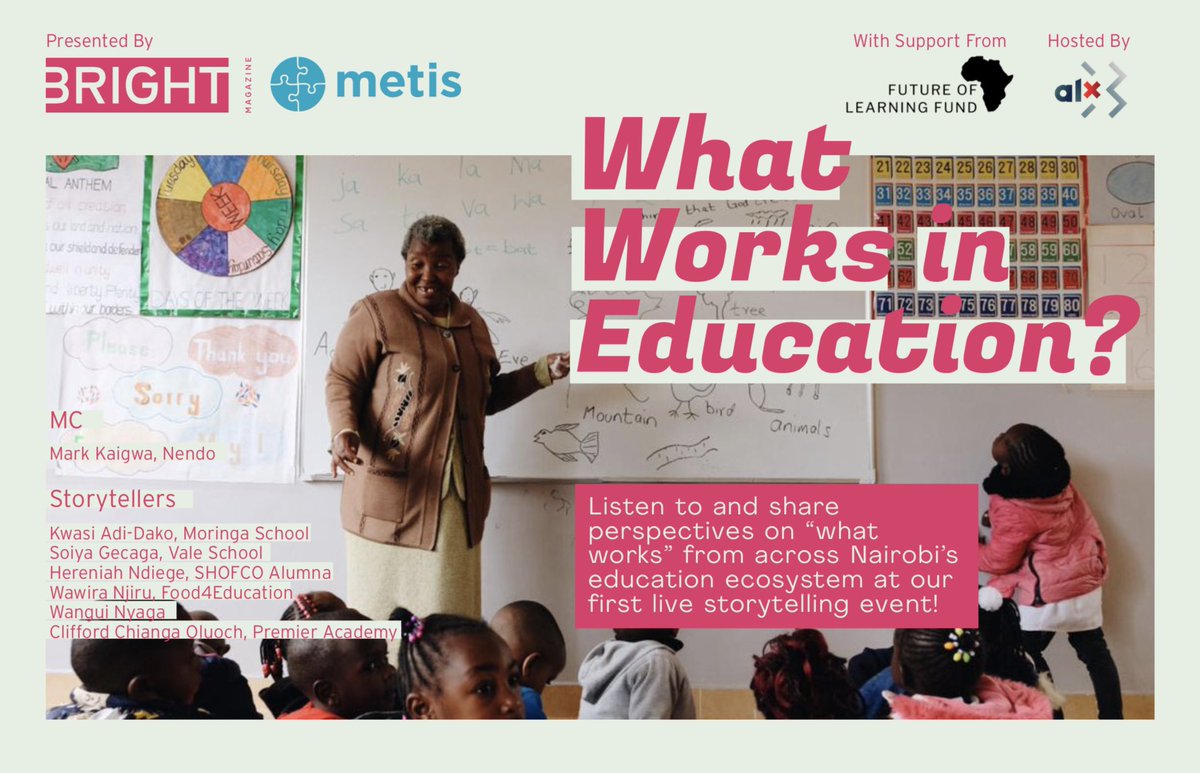 brightthemag's tweet photo. Today, we're partnering with Metis to host our first live storytelling event #WhatWorksInEd at @ALXapp in @NairobiGarage! RSVP below if you haven't yet!

We'll be live at 6:30pm EAT. For now, here's a quick round-up of what we have in store for you.

https://t.co/F3V1syO5Dg https://t.co/UdfpdL7CLR