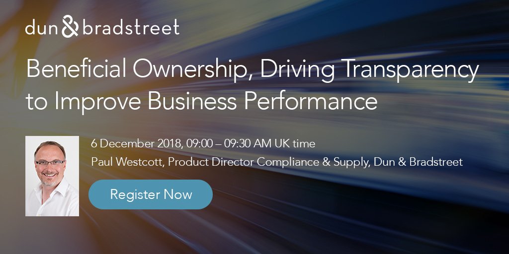 DNBSAME's tweet photo. Join us and speaker, Paul Westcott, on December 6th for the “Beneficial Ownership, Driving Transparency to Improve Business Performance” webinar to understand the latest beneficial ownership trends: Register here: https://t.co/ixVHYV0efX #Compliance #BeneficialOwnership https://t.co/fWTm5FdC3J