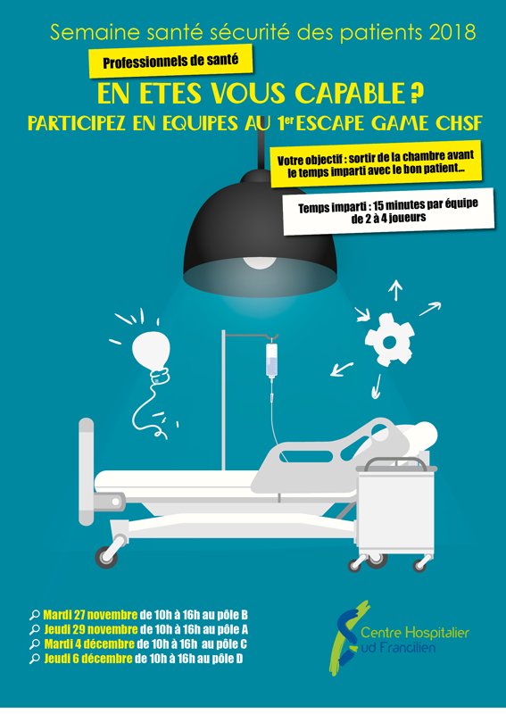 Lancement de la semaine #sécurité des patients au CHSF Evry/Corbeil avec un escape game en milieu hospitalier. Les professionnels de santé sont invités à y participer en équipes...