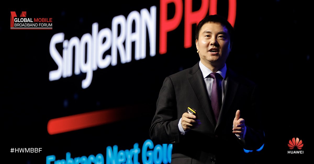 Huawei's tweet image. New business. New 5G capabilities. New direction. Edward Deng explains how Huawei’s #SingleRAN Pro will fuel the #5G era at the recent #HWMBBF in London: tinyurl.com/y739ou3f