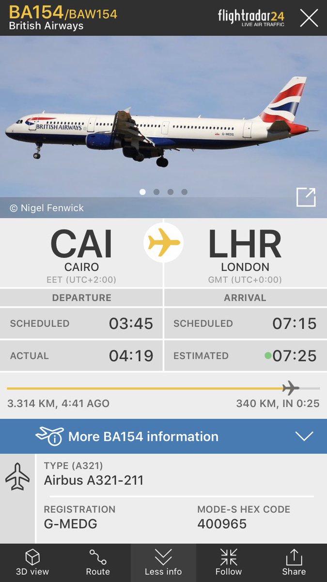 FlightIntl's tweet photo. British Airways flight #BA154 from Cairo (CAI) to London (LHR) is diverting to Amsterdam (AMS) https://t.co/OKAg161t1N https://t.co/rRWUuAng4K