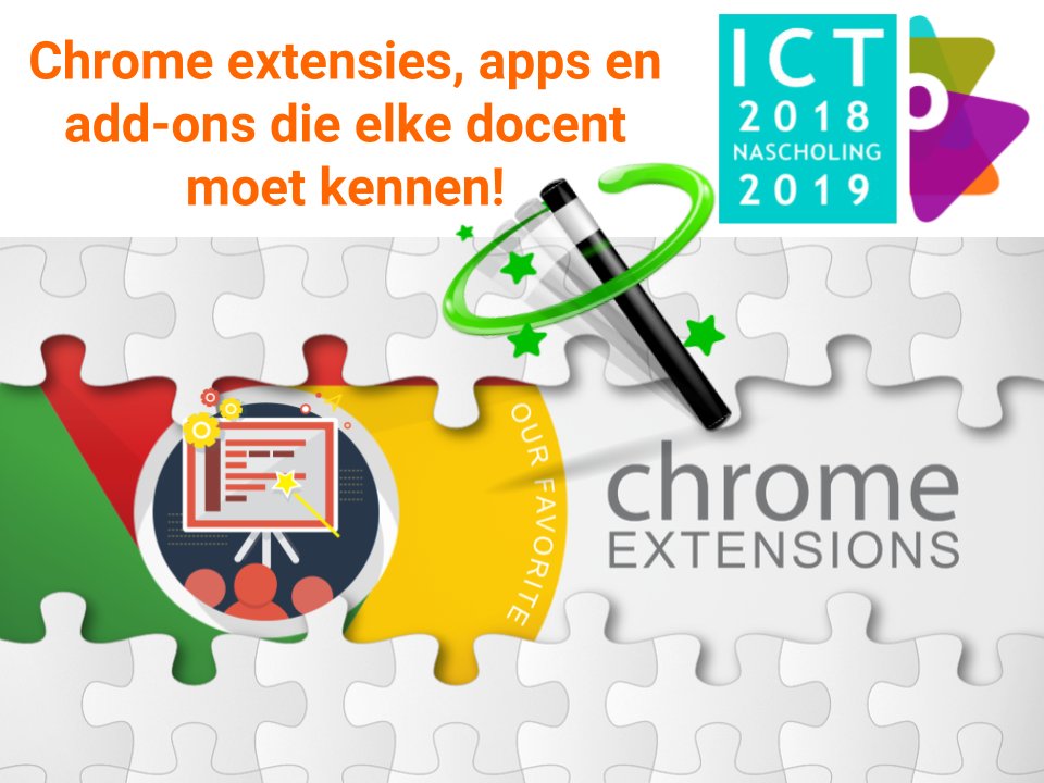 Je Google-koffertje uitbreiden met gratis digitale gereedschappen en hulpmiddelen? Maak tijdens deze sessie kennis met onmisbare Chrome extensies, apps en add-ons voor leraren.  Info en inschrijven: nascholing.be/2018-2019/inde…