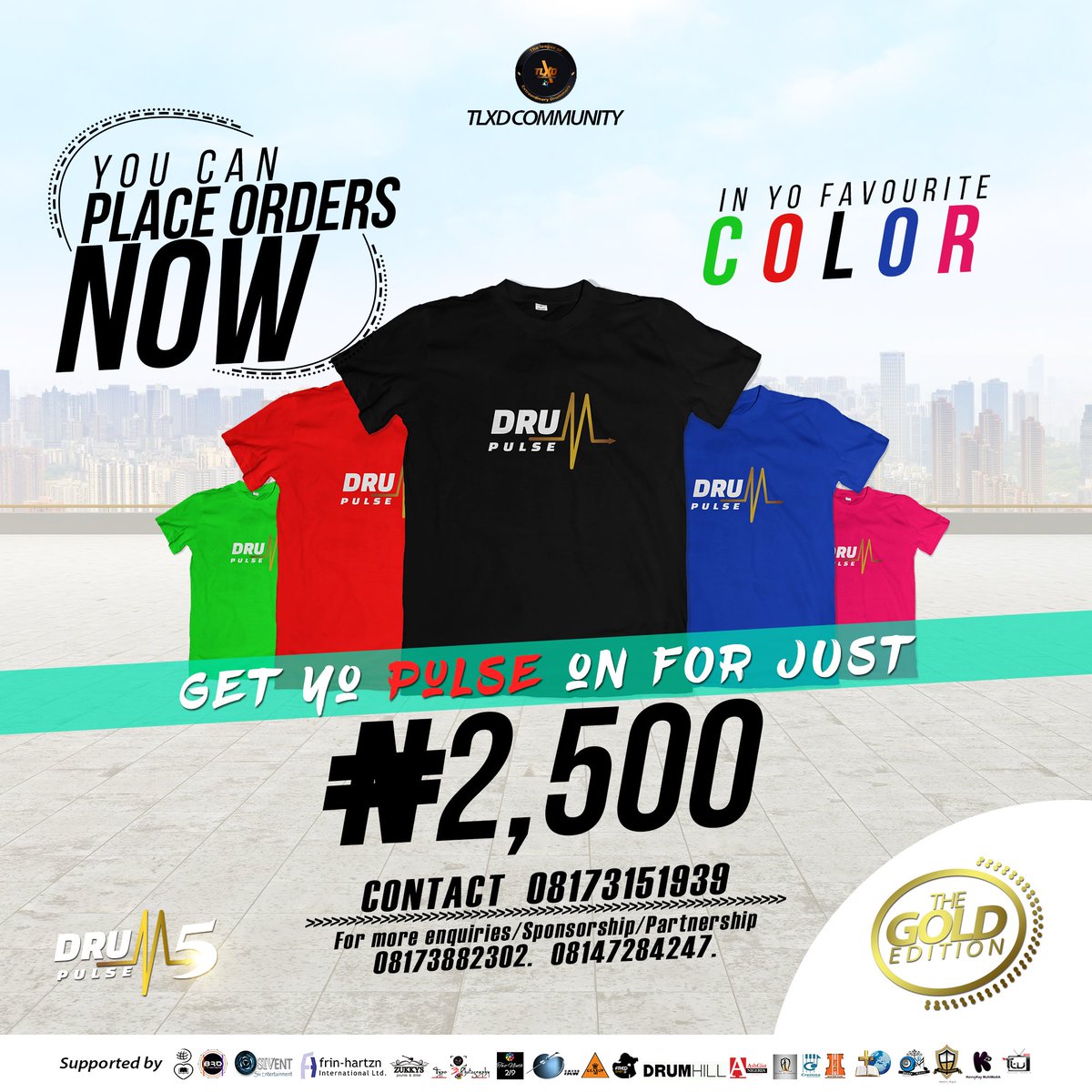 tlxdcommunity's tweet photo. Let's spice up yo pulse with yo favourite colour... Book ontime, limited number available.. βΊ βΊ βΊ
#dpulse5 #Drums #drummer #drummers #drumming #drummer #concerts #events #November #tees #buy #sales #sell #tshirts #purchase #global #brand #influence #gold https://t.co/qyzVjQ3ccq