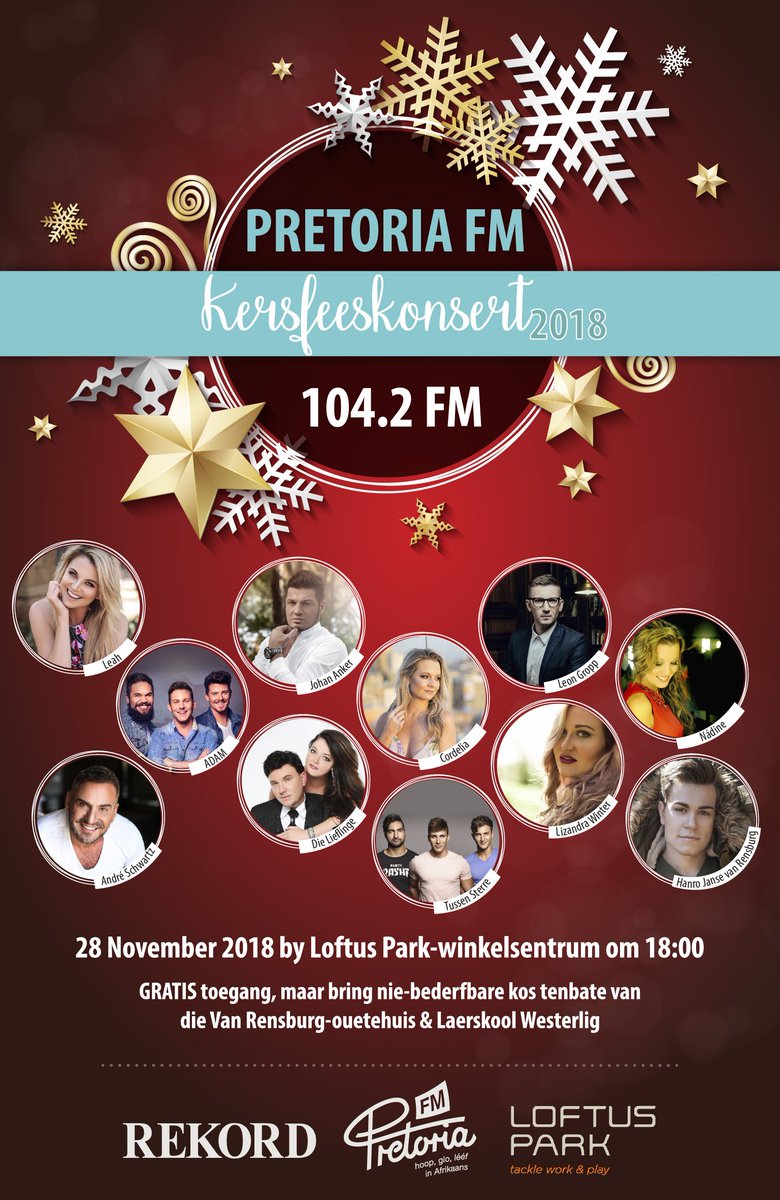 <a href="/PretoriaFM/">Pretoria FM</a> hou 'n Kersfeeskonsert en ons is daar! Dit is regtig die wonderlikste tyd van die jaar! Hoop ons sien jou by #LoftusPark! Ingang is slegs enige nie-bederfbare kos. 
<a href="/TussenSterre/">TussenSterre</a>
