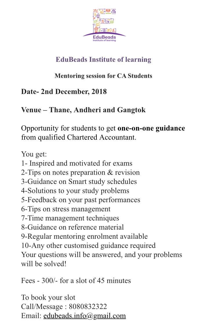 EduBeads_Learn's tweet photo. Attention CA Students!
Mentoring session for CA students in Thane, Andheri and Gangtok.
Book your slot now!
#mentoring #mentor #castudents #icaistudents #icai #thane #andheri #gangtok #qualifiedca #hurry #edubeadsinstituteoflearning #education #EducationForAll https://t.co/Wfg1i47cTY