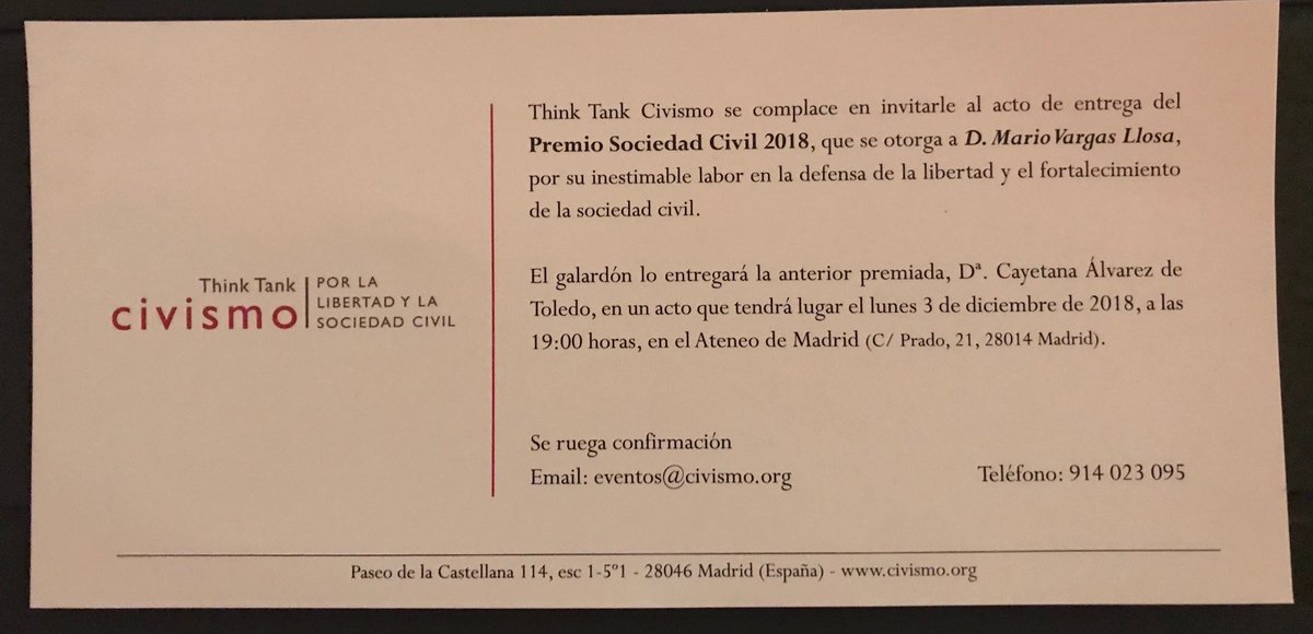 cayetanaAT's tweet photo. El próximo lunes 3, tendré el honor de entregar a Mario Vargas Llosa el Premio Sociedad Civil 2018 del ⁦@TTcivismo⁩. 

Están todos ustedes invitados.

Confirmaciones: eventos@civismo.org https://t.co/bJREbgCT9p