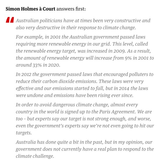 GuardianAus's tweet photo. What are Australian politicians doing about #climatechange, and is it going to be effective? @simonahac answers Violeta's qs first: https://t.co/sOLMERnn2R #MyClimateQuestions https://t.co/2TUtU5sUYt