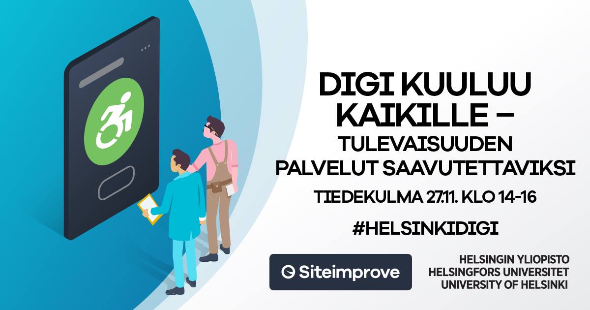 Tervetuloa tänään Tiedekulmaan keskustelemaan tulevaisuuden digipalveluista ja saavutettavuudesta. Tapahtumaa on mahdollista seurata  myös livestriimin kautta tai myöhemmin tallenteena:  
📹helsinki.fi/fi/unitube/vid… 
#helsinkidigi #saavutettavuus @celia_gov @Siteimprove_FI