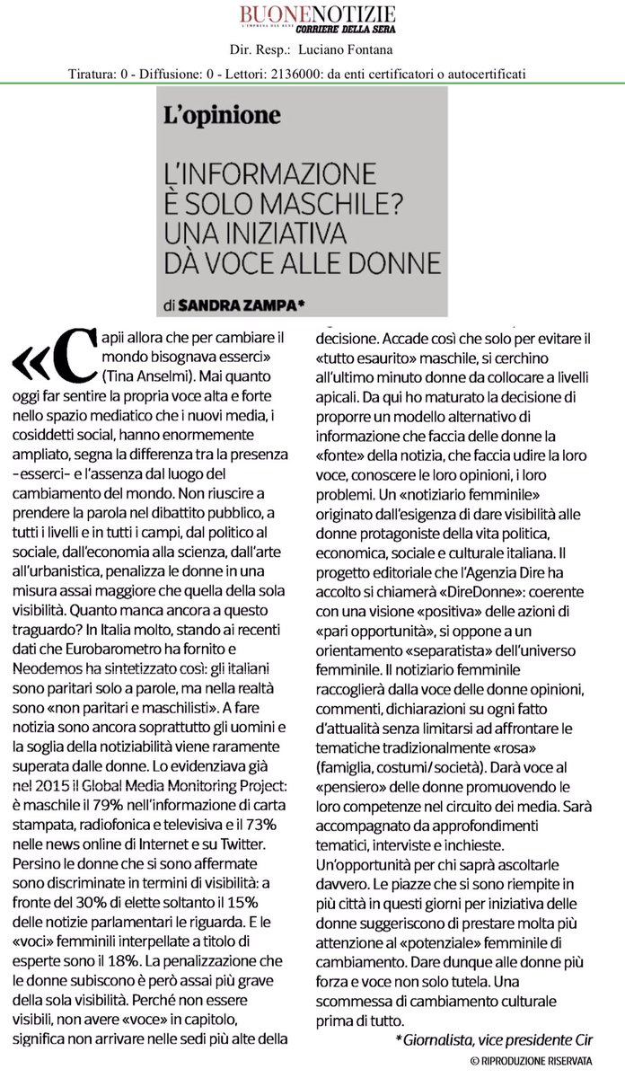 “Capii allora che per cambiare il mondo bisognava esserci” (Tina Anselmi). Per “riuscire a prendere la parola nel dibattito pubblico, a tutti livelli e in tutti i campi.. un modello alternativo di informazione”.