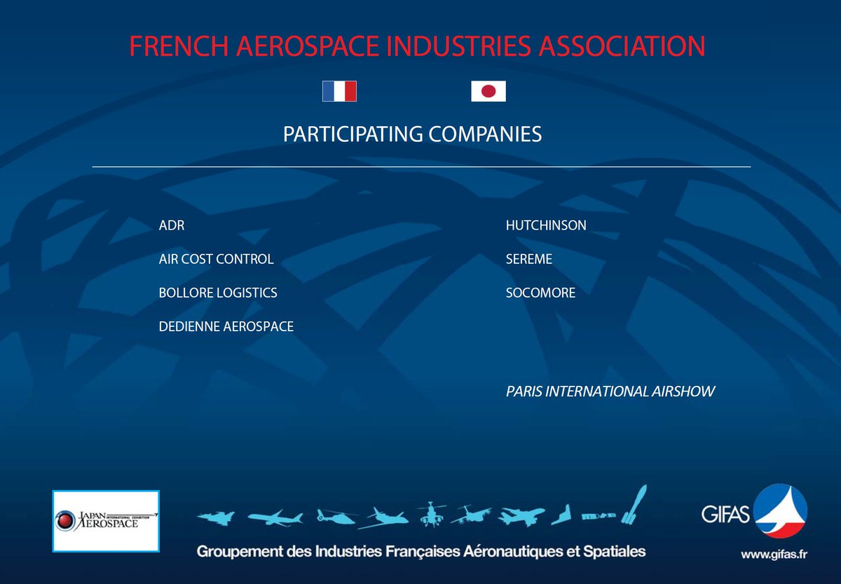 GifasOfficiel's tweet photo. Japan International Aerospace Exhibition 2018 -  28/30 nov. - Le #GIFAS fédère le Pavillon #France #ADR #ALCEN #AIRCOSTCONTROL #BOLLORELOGISTICS 
@BolloreLog #DEDIENNEAEROSPACE #HUTCHINSON #SEREME 
@socomore En savoir plus : https://t.co/1MdACnmKov https://t.co/jMtysdbspe