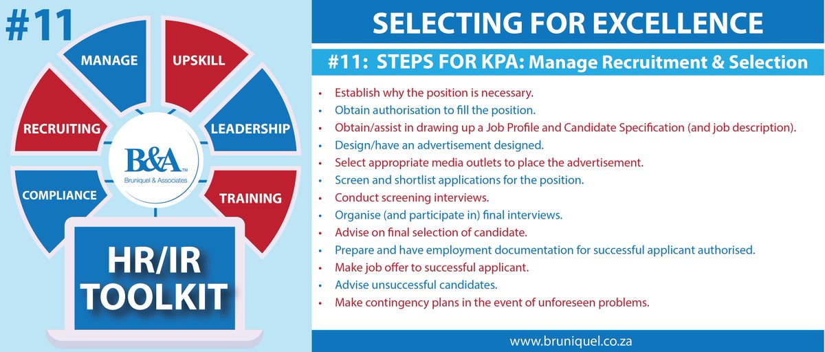 BruniquelA's tweet photo. HR/IR TOOLKIT: Selecting for Excellence #11 Steps for KPA: Manage Recruitment and Selection. https://t.co/rFACEgNnkR