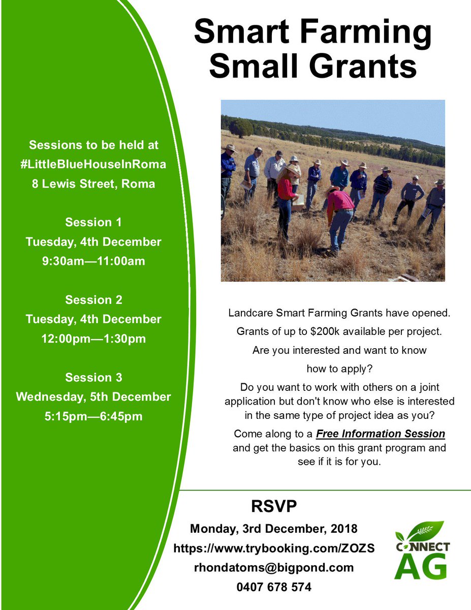 rhondatomsmorga's tweet photo. #ConnectAg is hosting 3 FREE information sessions in #Roma #Maranoa next week on the #Landcare #SmartFarmingSmallGrants program.  RSVPs appreciated via online booking link listed in the photo or text to mobile. https://t.co/SLdKNkMMjv