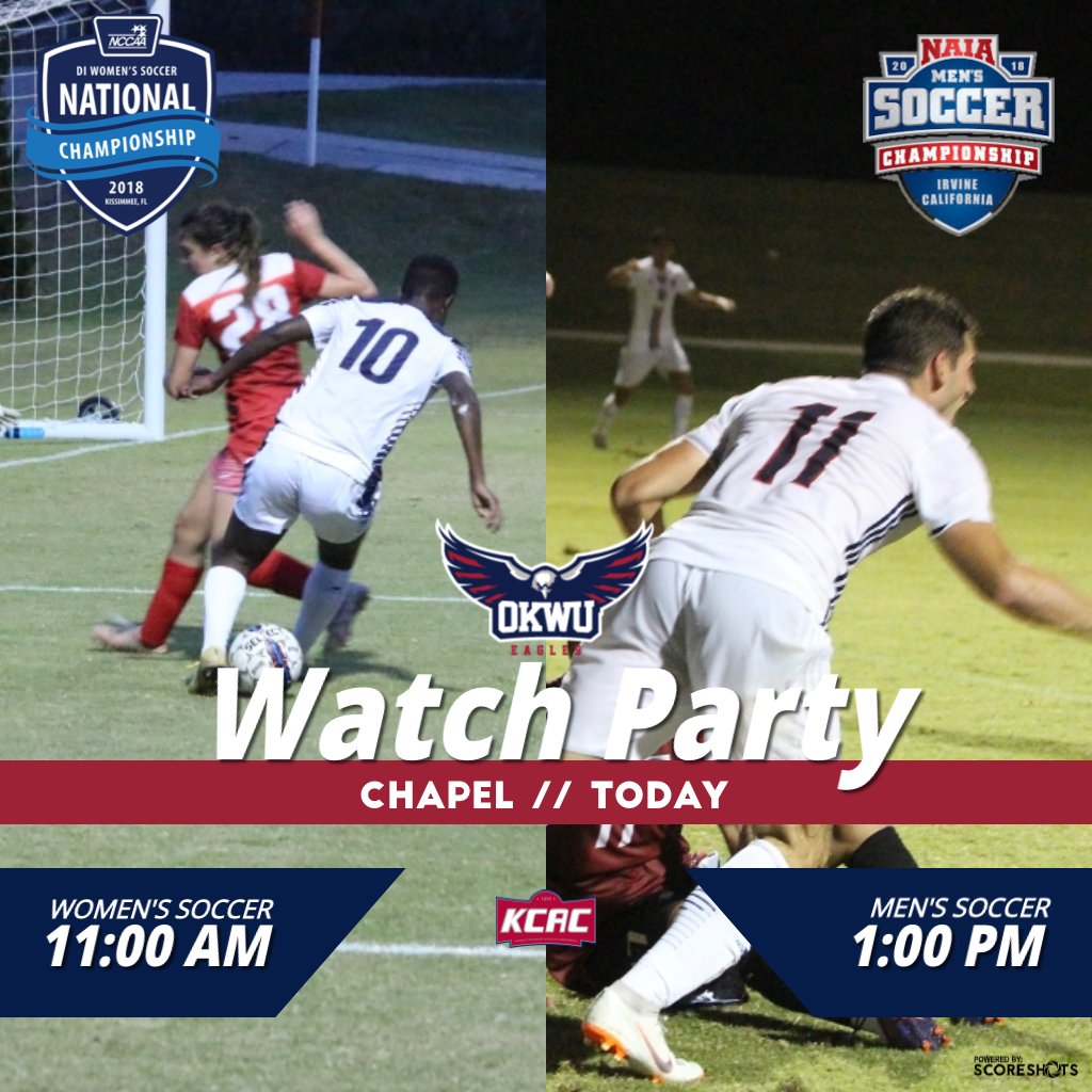 ⚽️ Watch Party ⚽️

Come check out your <a href="/OKWUeagles_WSOC/">OKWU Womens Soccer</a> at 11 AM in the #NCCAASoccer Championships and your <a href="/OKWUeagles_MSOC/">OKWU Men's Soccer</a> at 1 PM in the #NAIAMSoccer Championships in the Chapel building today.

#WeAreOKWU