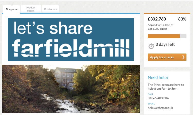 3 days left and 83% of our target achieved! To share our Mill and help give it the brightest possible future visit ethex.org.uk/farfieldmill #letsshare #art #craft #heritage #notjustlakes #cumbria #weaving #yorkshiredalesnationalpark #exhibitions #industrialheritage