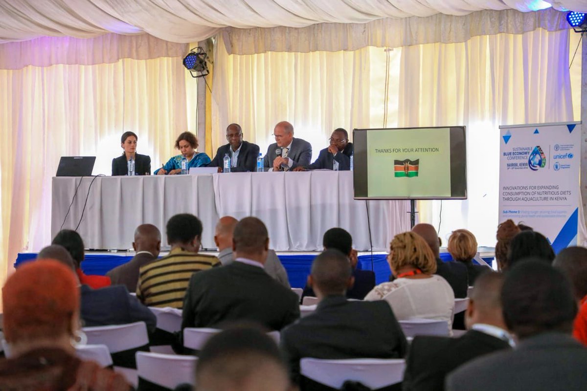 UNICEFKenya's tweet photo. #HappeningNow at #BluEconomyKE 

Panel on innovations for expanding consumption of nutritious diets through aquaculture in Kenya. Featuring @MOH_Kenya Nutrition Dept @UNICEFKenya @FAOKenya @WFP_Africa 

📷 @JosephNgochi1 https://t.co/LalgtejC9E