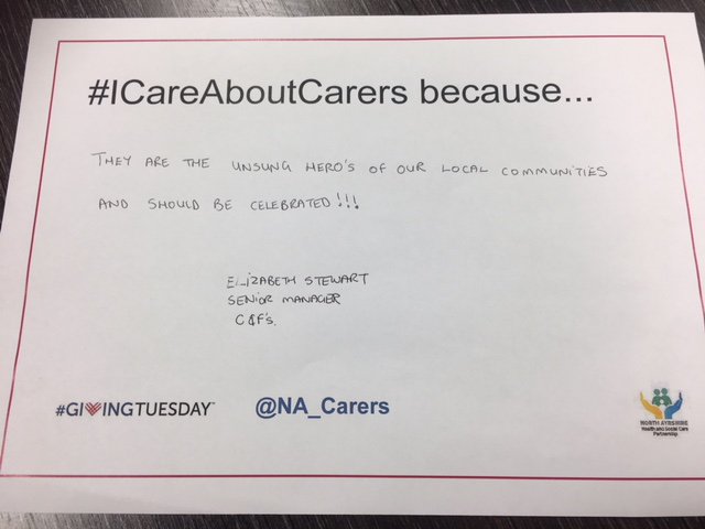 NA_Carers's tweet photo. Snr Mgr Elizabeth Stewart - #ICareAboutCarers because ... They are the unsung hero's of our local communities and should be celebrated!!! #wecare #buildacaringcommunity #showyoursupport @NAHSCP https://t.co/bQ1X5tXLng